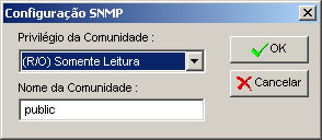 Contato: nome do contato do sistema. Localização: localização do equipamento. Nomes das Comunidades: nome e privilégio da comunidade SNMP.