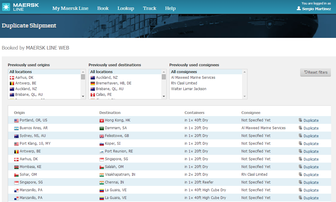 Como duplicar um booking existente Passo 1 Comece por clicar em Duplicate Existing Shipment Passo 2 Terá um panorama geral dos embarques