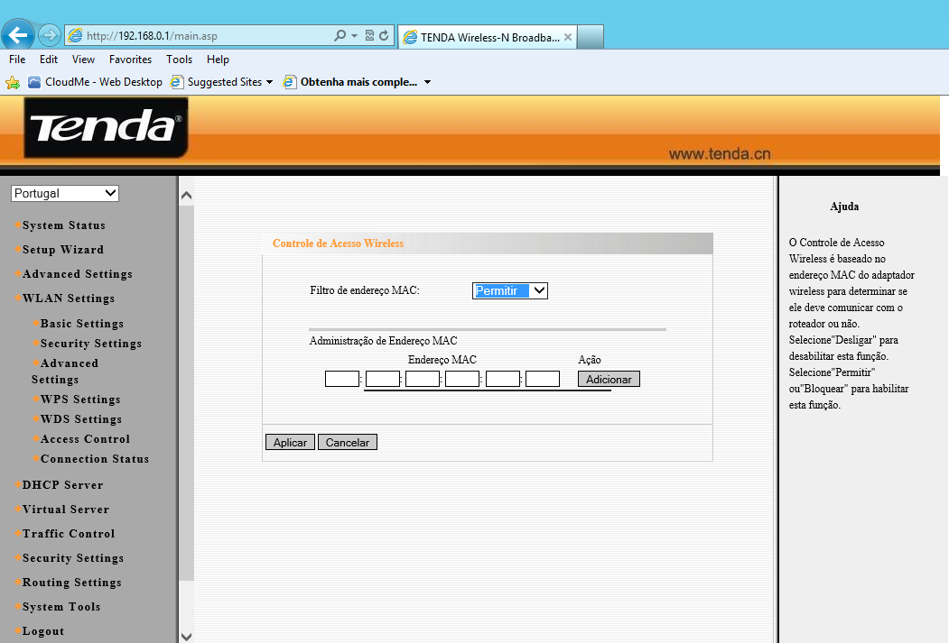 2. Lista de Controle de Acesso (ACL Access Control List) A lista de controle de acesso (ACL) define regras de permissão ou bloqueio ao ambiente wireless. O padrão é que esteja desligada.