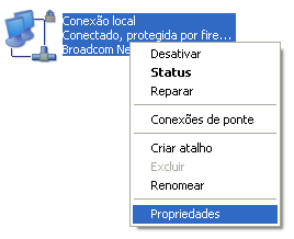 Em Conexões de Rede, com o botão direito do mouse sobre a conexão chamada de Conexão Local. Aparecerá um menu com vários comandos, clique em Propriedades. Figura 3: Propriedades da Conexão Local 5.