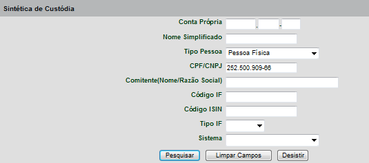 Sintética de Custódia Consultas Visão Geral Permite consultar a posição de custódia consolidada de comitente.