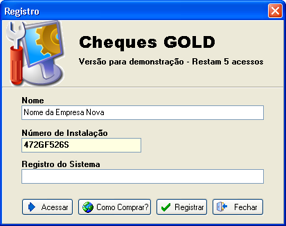 Registro do Sistema Para registrar o sistema siga os passos do site: www.chequegold.com.br na opção Registro.