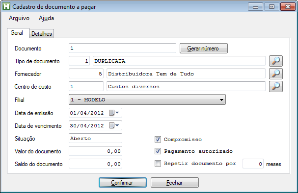 Para incluir ou alterar um documento no contas a pagar, deve-se informar ou gerar o numero do identificador (Id), tipo de documento, entidade, filial, data de emissão e vencimento e valor do