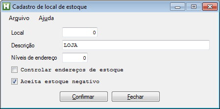 Locais de estoque No botão local de estoque na tela de filiais podem ser definidos os diferentes locais onde será o controle de estoque da filial.