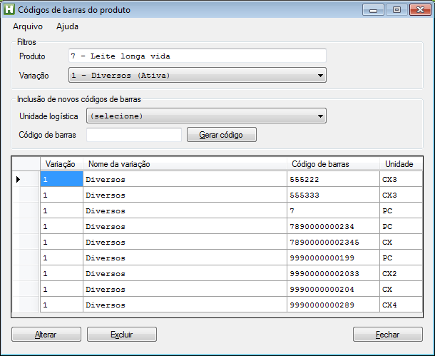 Figura 30. Códigos de barras do produto unidades logísticas.
