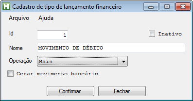 Figura 56. Tipos de lançamento financeiro.