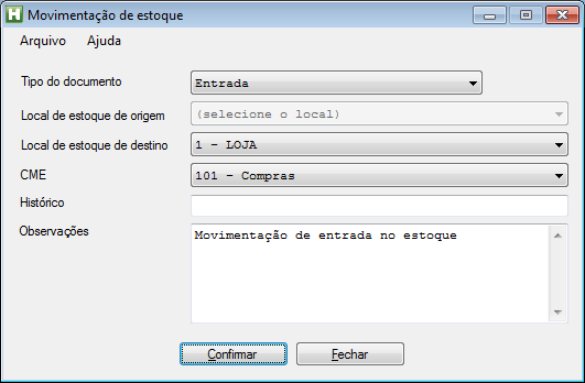 Movimentação de estoque São gerados documentos de estoque a partir da tela movimentação de estoque, nesta tela são definidos o tipo de documento, local de estoque de origem e destino, a CME, o