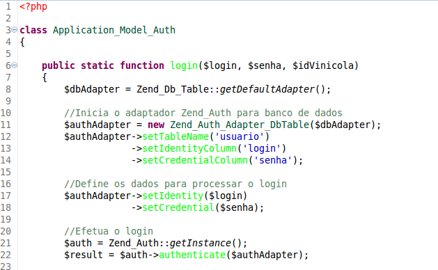 Listagem 1 Classe Application_Model_Auth A classe Application_Model_Auth contém apenas o método chamado login, o qual recebe os parâmetros correspondentes ao usuário, senha e a vinícola ao qual