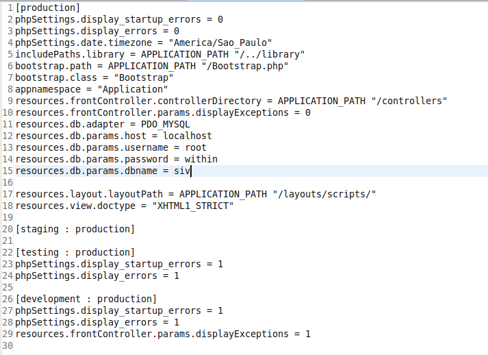 Listagem 3 application.ini O arquivo application.ini contém as configurações para acesso ao banco de dados, nesse caso o MySQL.