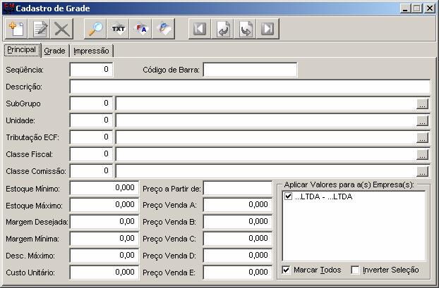 6.1.14. Grade 6.1.14.1. Principal O sistema permite ao usuário cadastrar a grade dos itens da empresa conforme sua descrição, sub-grupo, preços etc.