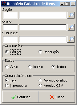 Figura 145 Relatório do Cadastro de Item Selecione a opção referente ao item seção; Selecione a opção referente ao item grupo; Selecione a opção referente ao item sub-grupo; Marque a opção referente