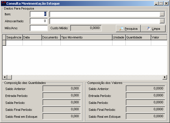 6.4.4. Consulta Movimentação Estoque Registros de Movimentações do Estoque em relação a Quantidades Armazenadas e Saldo em Valores de um determinado Item.