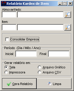 6.4.6. Relatório Kardex de Item O kardex de item é um relatório que demonstra ao usuário do sistema a margem de lucro, lucro presumido, posição do estoque, além de permitir controle de entrada, saída