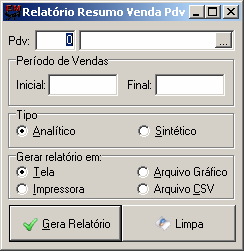 Clique no botão. 7.5.11. Relatório Resumo Venda PDV Gera relatório um resumo de venda PDV em determinado período.