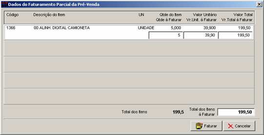 No caso de faturamento parcial teremos a seguinte tela: Informaremos apenas a quantidade do item a