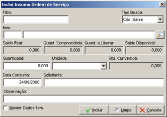 Selecione o item, informe a quantidade, informe o solicitante e observação(se necessário); Clique em.