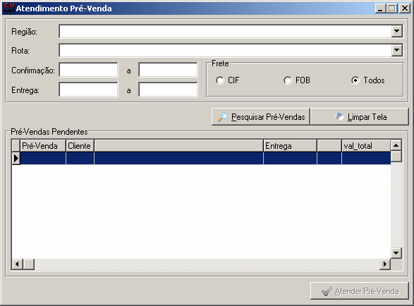 Atendimento Pré - Venda Pesquisa de Atendimento de Pré-Venda pendente.