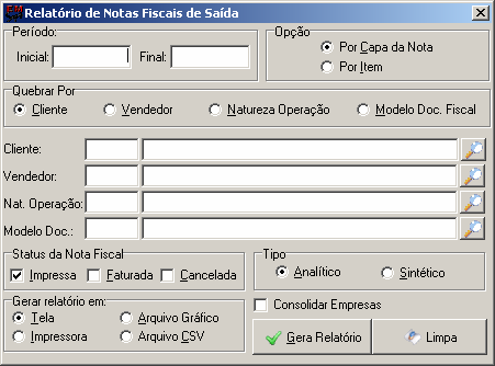 7.8.5. Relatório de Notas de Saída Gerar relatório de Notas Fiscais de Saída por determinado período.