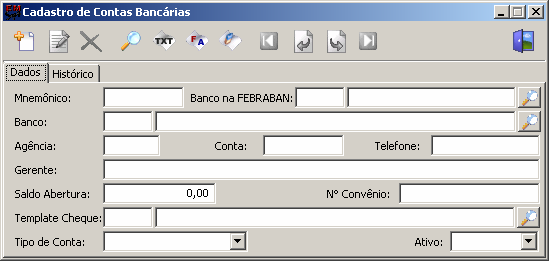 8.3 Banco 8.3.1. Cadastro de Contas Bancárias Cadastro das contas bancárias movimentadas pela empresa. vários pagamentos podem ser efetuados através do banco descentralizando o caixa.