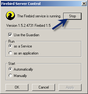 Logo clique sobre Stop e na seqüência clique Start, assim o firebird reconhecerá a