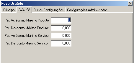 3.1.1.1. Configurando ACE PS Parâmetros para determinar o percentual máximo de desconto ou acréscimo para produtos ou percentual de desconto ou acréscimo máximo para serviços, por empresas que