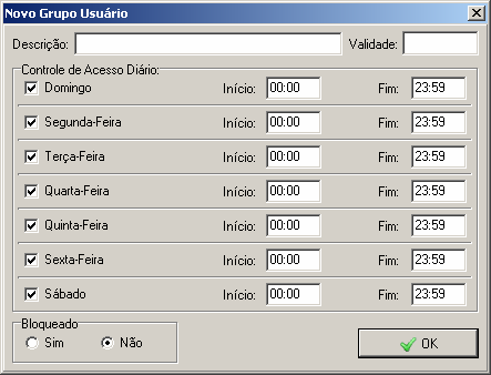 Figura 34 Cadastrando Novo Grupo Informe a descrição do grupo ex: Contas a Pagar, Depto Financeiro etc; Validade: digita-se a validade deste grupo, usa-se como padrão 31/12/2010; Controle de acesso