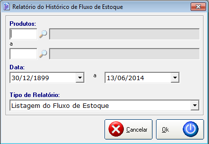 Opções de Filtro: Produtos; Período de Movimentação; Definir um tipo de