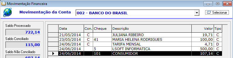 Para realizar a simulação do calculo do deságio selecione o cheque com duplo clique. Permite configurar novamente os parâmetros para calculo do deságio. de selecioná-los.