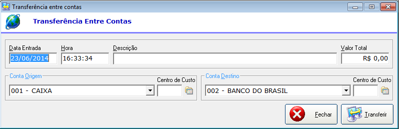 Valor em Fluxo - Corresponde ao Saldo Bancário mais Saldo Conciliado. Transferência entre Contas Permite a transferência de valor de uma conta para outra.