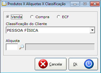 Ao incluir uma alíquota será apresentada a tela a seguir. As alíquotas devem ser incluídas de acordo com as possibilidades de uso do produto.