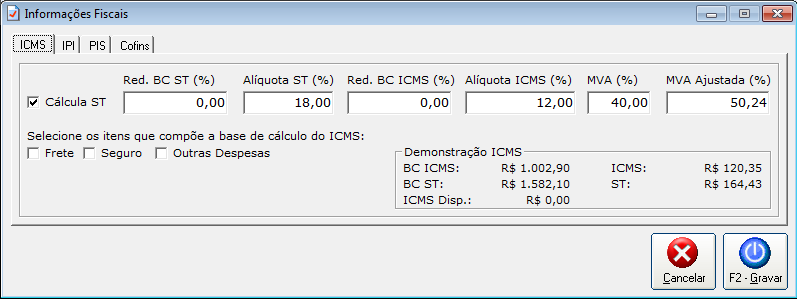 Aba ICMS Os valores são preenchidos automaticamente conforme cadastro do produto.