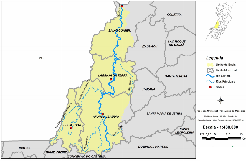 53 ou parcialmente, sete municípios: Afonso Cláudio, Baixo Guandu, Brejetuba, Laranja da Terra, Colatina, Itaguaçu e Itarana.