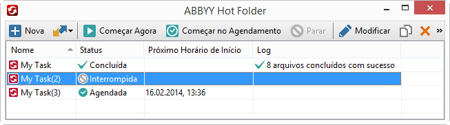 A janela principal do ABBYY Hot Folder exibe uma lista de tarefas de configuração.