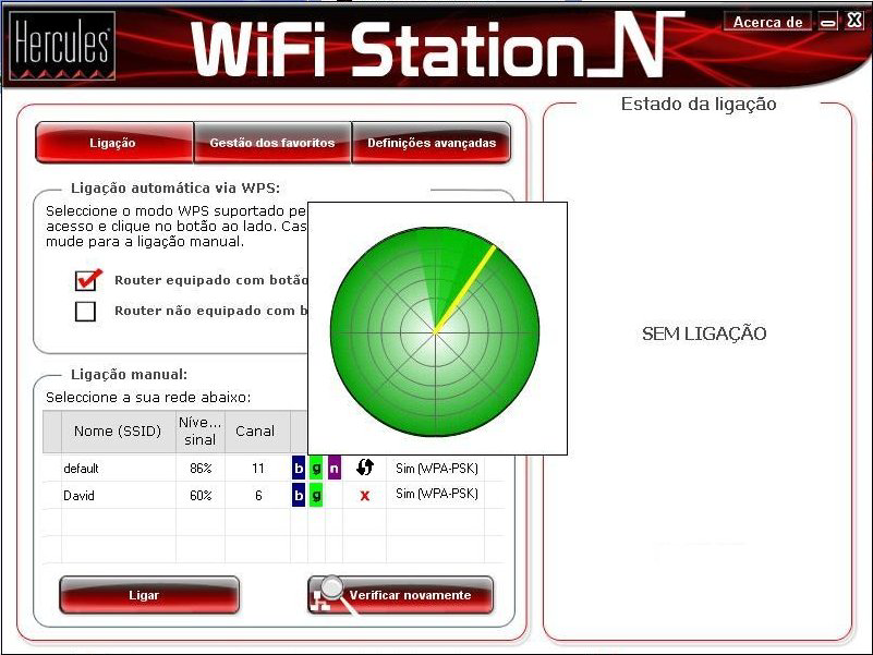 HWNPCM-300 Hercules Wireless N PCMCIA 4.4. Ligar a uma rede através da lista de redes O WiFi Station N abre por predefinição na página Ligação e a detecção da rede WiFi começa imediatamente.