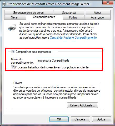 HWNPCM-300 Hercules Wireless N PCMCIA 4. Na janela Propriedades de [Nome da impressora], clique no botão Alterar Opções de Partilha. 5. Na janela de confirmação do Windows Vista, clique em Continuar.