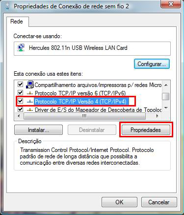Hercules Wireless N PCMCIA HWNPCM-300 4. Na janela Wireless Network Connection Status (Estado da Ligação de Rede sem Fios), clique em Propriedades. 5.