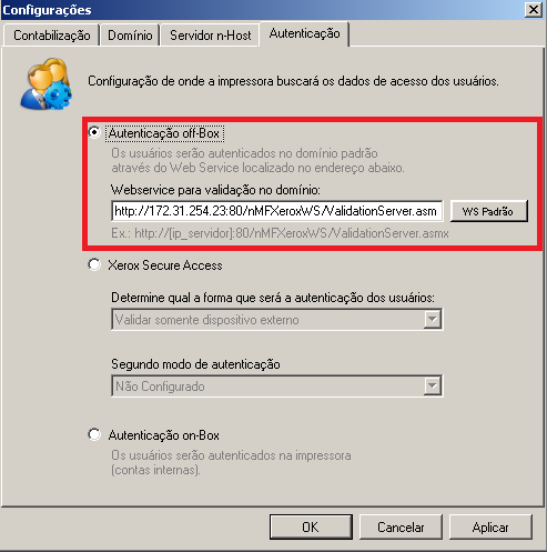 MDS04 4.1.4.1 Autenticação Off-Box Esta autenticação consiste em configurar um servidor intermediário que fará a comunicação entre a impressora e o Active Directory.