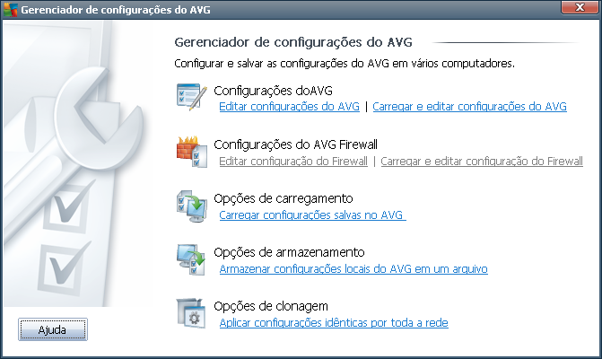 9. Gerenciador de configurações do AVG Observação: essa ferramenta não está incluída na Administração Remota do AVG e pode ser encontrada como parte da instalação (cliente) do AVG.