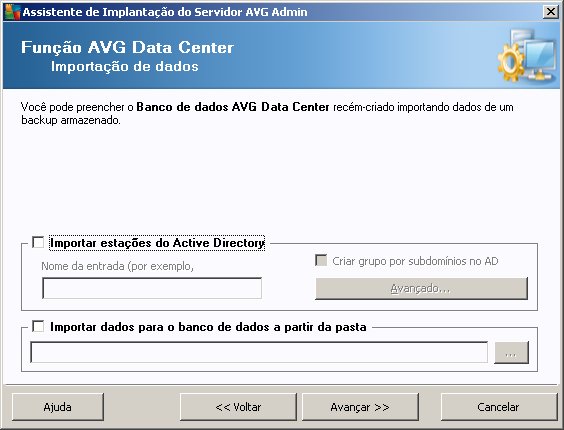 3.8. Função de DataCenter - Importar dados Depois que você confirmar a seleção do banco de dados, poderá optar por importar alguns dados existentes no banco de dados recém-criado.