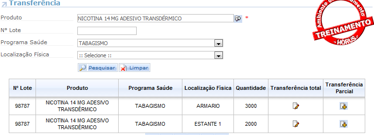 81 Na transferência total, é possível alterar o Programa de Saúde ou a localização física de todos os itens de um lote. Ao final do procedimento, clique em Salvar.