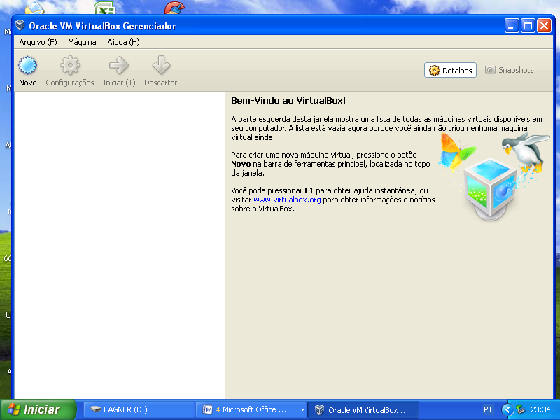 Esta é a tela de boas vindas da virtualbox,