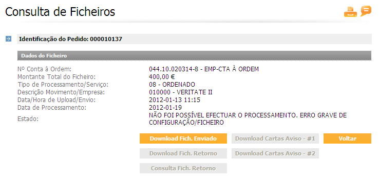 Neste ecrã tem a possibilidade de ordenar as colunas Id Pedido, Estado, Data de Processamento e Data de Upload, bastando para tal selecionar a opção. Ao selecionar o link existente na coluna Id.