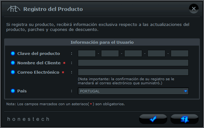 16. honestech 4. Registro del Producto Preencha o formulário de registro para receber informações exclusivas via e-mail sobre atualizações do produto, patches e cupons de desconto.