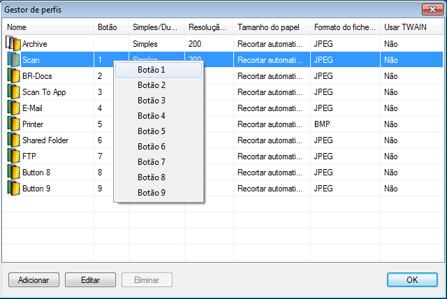 7. Para importar um perfil para o painel de botões, clique com o botão direito do rato sobre a linha do botão para selecionar o