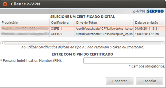 TIPO DE CERTIFICADO A3 Para autenticar clicar no botão Conectar... Em seguida uma nova tela listando todos os certificados existentes no dispositivo será exibida.