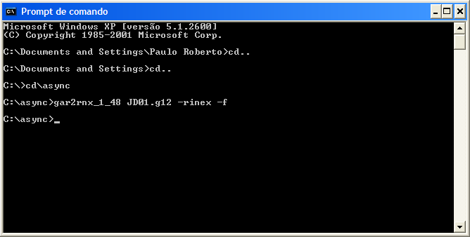 Os softwares ASYNC_1_23.exe e GAR2RNX_1_48.exe são executados por meio do prompt de comando ou command, os quais são apresentados nas Figuras 2 e 3, respectivamente. Figura 2. Software ASYNC_1_23.exe. Figura 3.