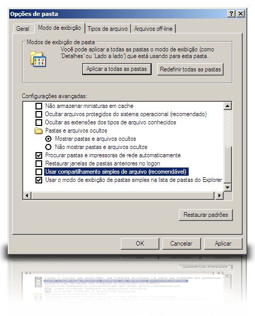 Configurando a rede no Windows Para definir permissões de acesso, é necessário primeiro desativá-lo, o que é feito no menu de opções de pasta ("Ferramentas > Opções de pasta" no Explorer),