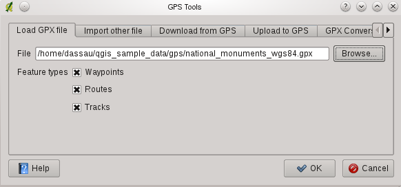 Figura 15.1: Janela das Ferramentas GPS no QGIS, tenha atenção que os dados armazenados no ficheiro GPX usa WGS84 (latitude/longitude). O QGIS tem em conta isso e é a especificação oficia do GPX.