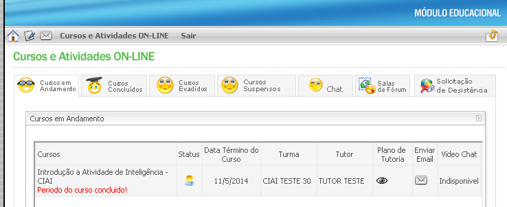 Existem duas diferentes formas de acessar os chats: Através do link Participar de um chat na sua página inicial; Na aba Salas de chat, contida no ambiente Cursos e Atividades ON-LINE (Figura 20).