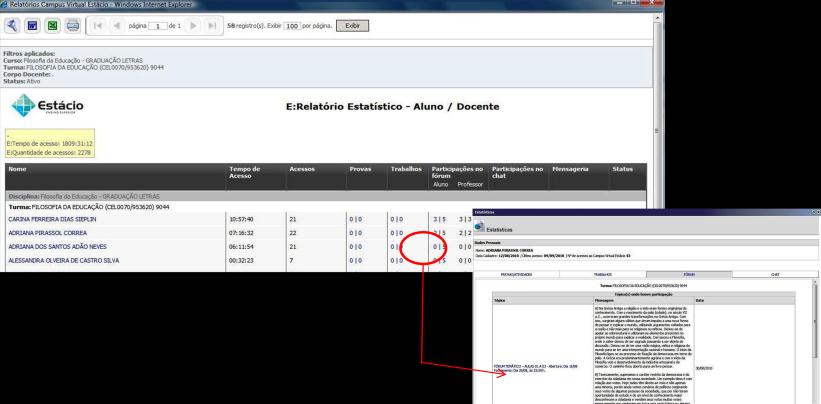 Destacam-se, entre outros, os relatórios gerenciais específicos que tratam do registro de participação de alunos no fórum (tanto quantitativo quanto qualitativo), a conclusão de tópicos de conteúdo,